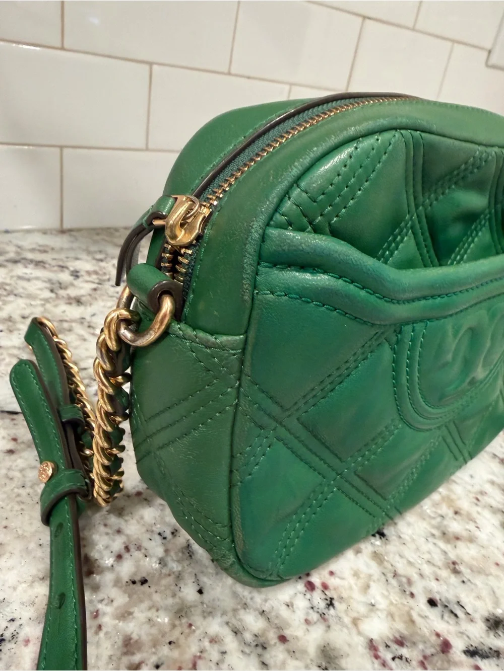 Tory Burch Green Quilted Leather Crossbody Bag with Chain Strap